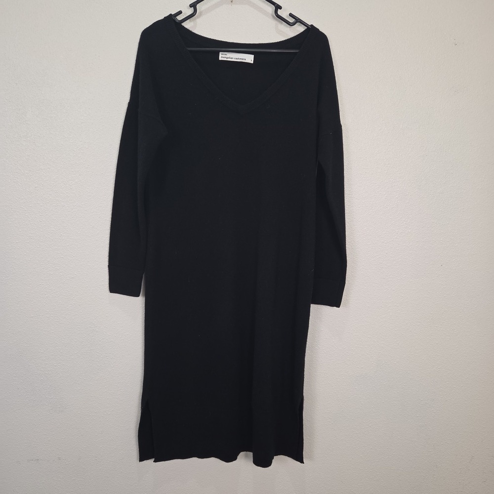 Grana Mongolian Cashmere V Neck Black Sweater Dress Size S